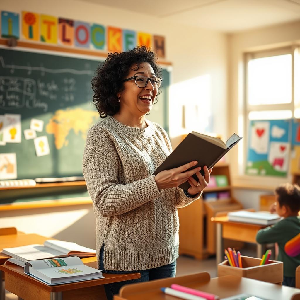 A passionate teacher standing in front of a chalkboard in a bright classroom, surrounded by colorful educational posters