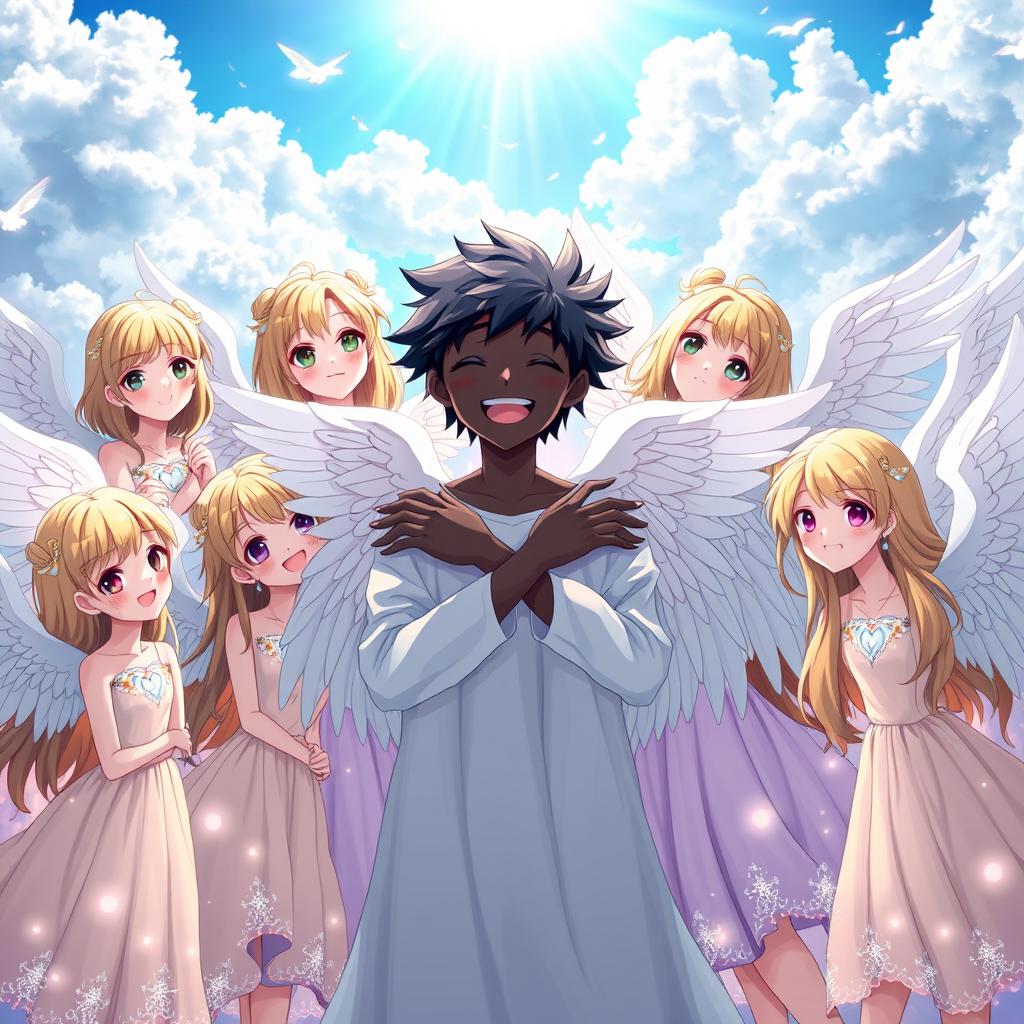 A charming anime scene featuring a black-skinned angel boy with a joyful expression, embracing ten angelic girls with beautiful white wings