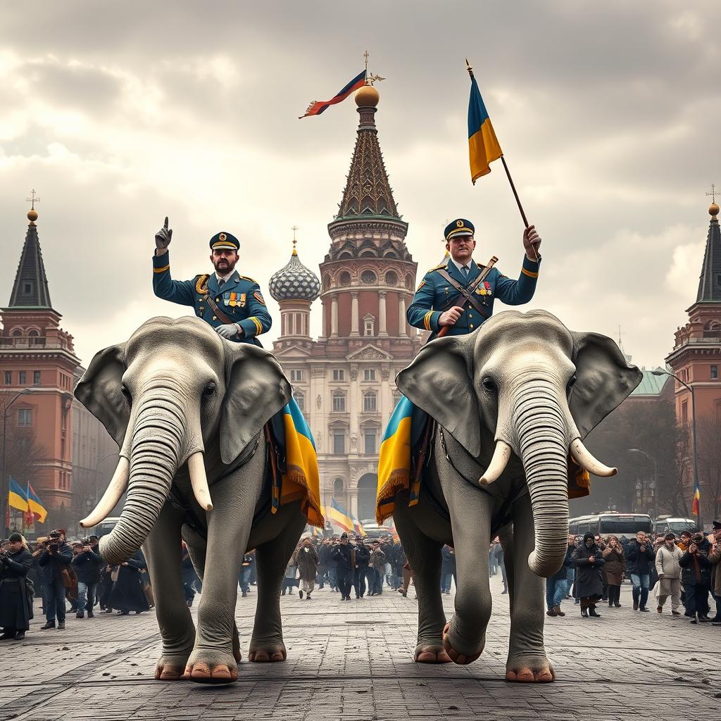 The Russian volunteer corps triumphantly enters a defeated Moscow, showcasing the grandeur of a historic landmark in the background