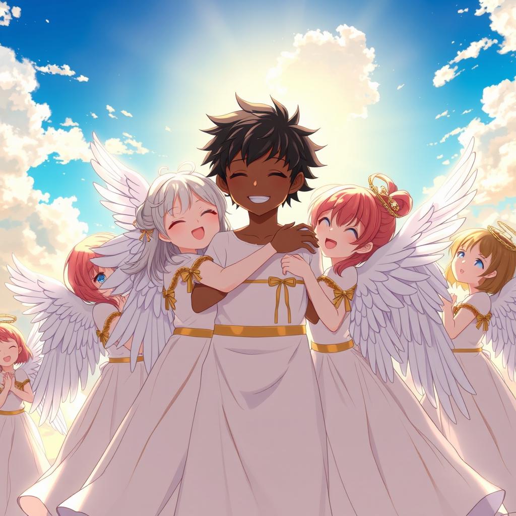 An anime scene depicting a charming angel boy with black skin, joyfully hugging ten beautiful angel girls, each with radiant white wings
