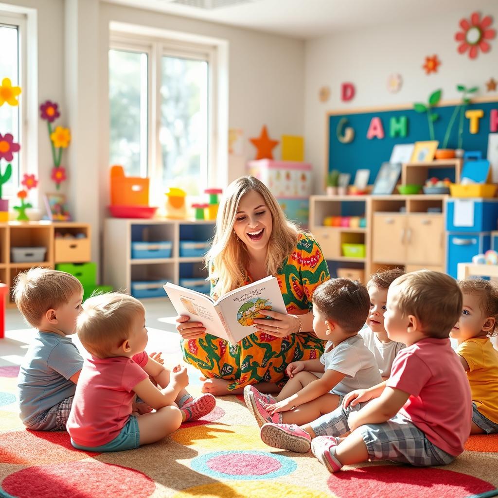 A cheerful kindergarten teacher in a colorful classroom, engaging with a group of young children sitting on a colorful carpet