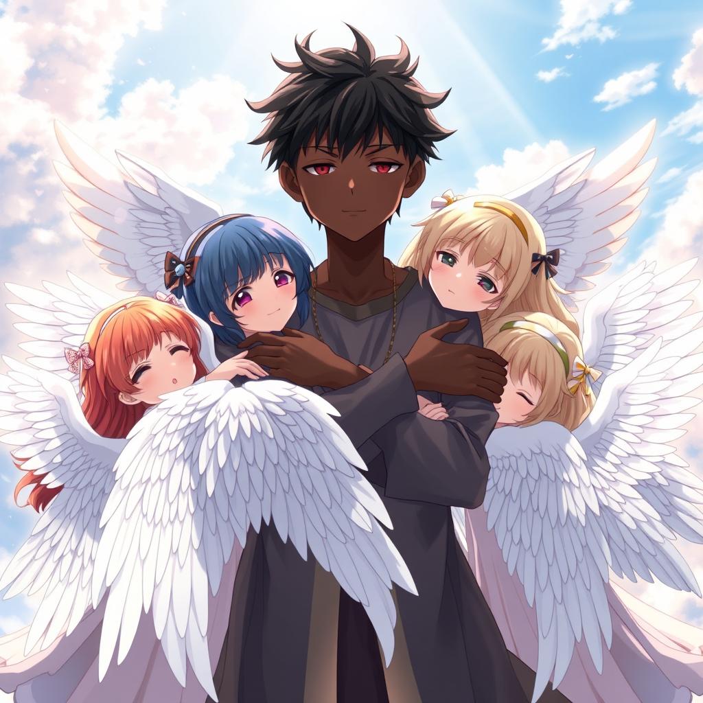 An anime scene featuring a striking angelic boy with dark skin, embracing ten beautiful angel girls with white wings