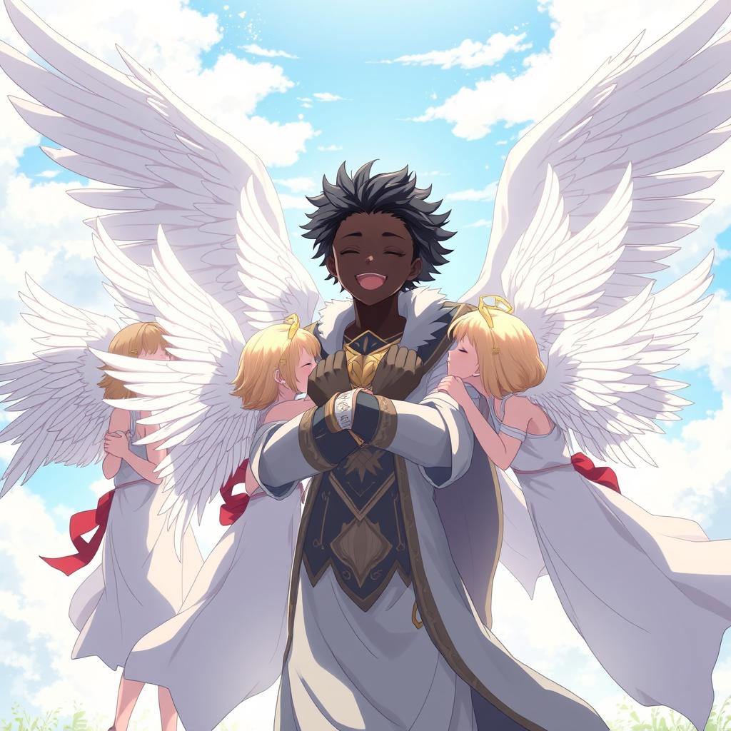 An anime scene featuring a charismatic angel boy with smooth black skin, joyfully embracing ten angel girls, each with radiant white wings