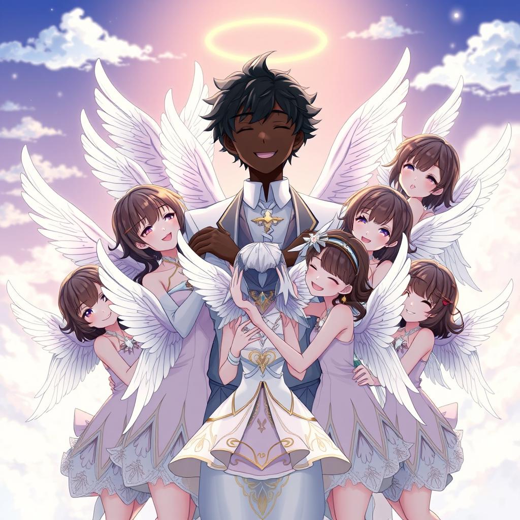 An anime scene featuring a stylish angel boy with black skin, showcasing a warm and joyful expression as he hugs ten angel girls