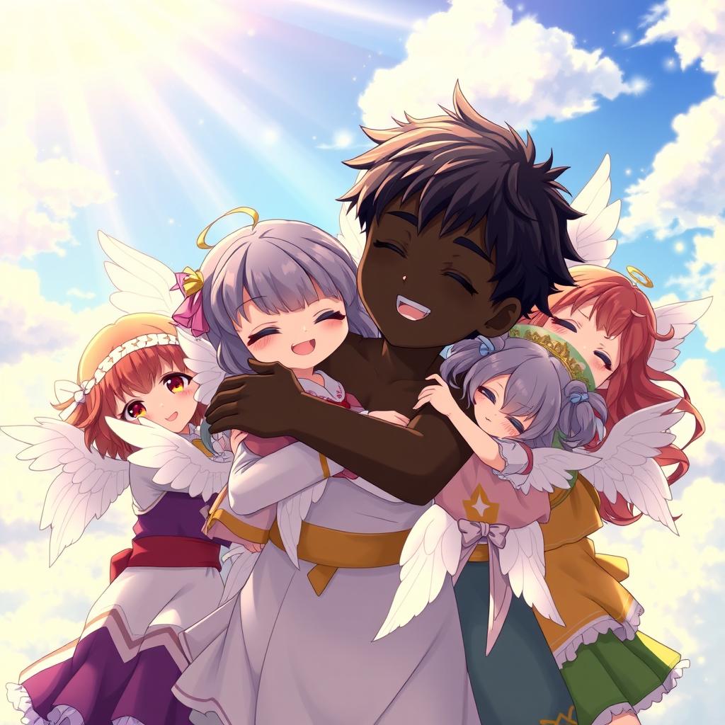 An anime scene depicting a charming black-skinned angel boy with expressive features, joyfully hugging ten beautiful angel girls, each adorned with exquisite white wings