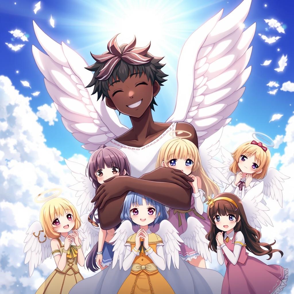 An anime scene featuring a handsome angel boy with black skin, smiling warmly as he embraces ten beautiful angel girls with soft white wings surrounding him