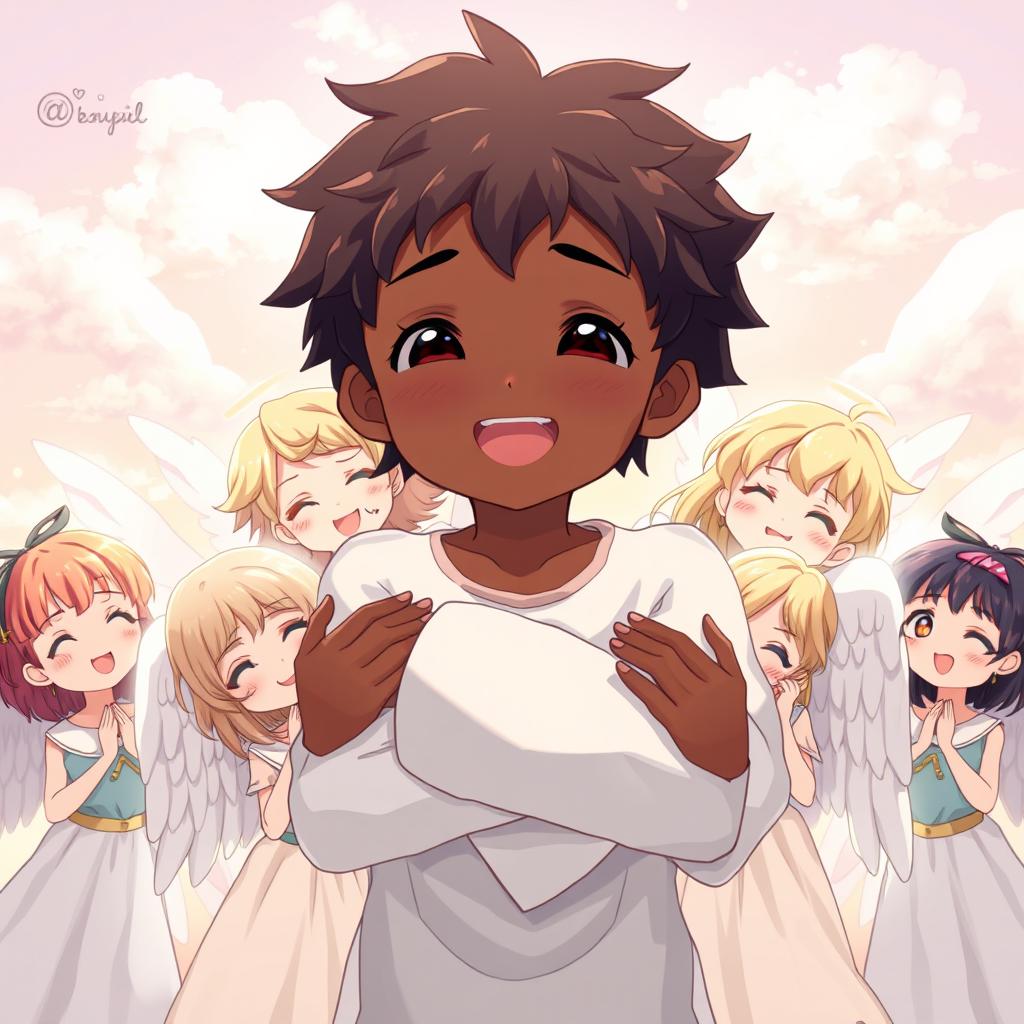 A charming anime scene depicting a young angel boy with dark skin, radiating warmth and joy, as he embraces ten beautiful angel girls with flowing white wings