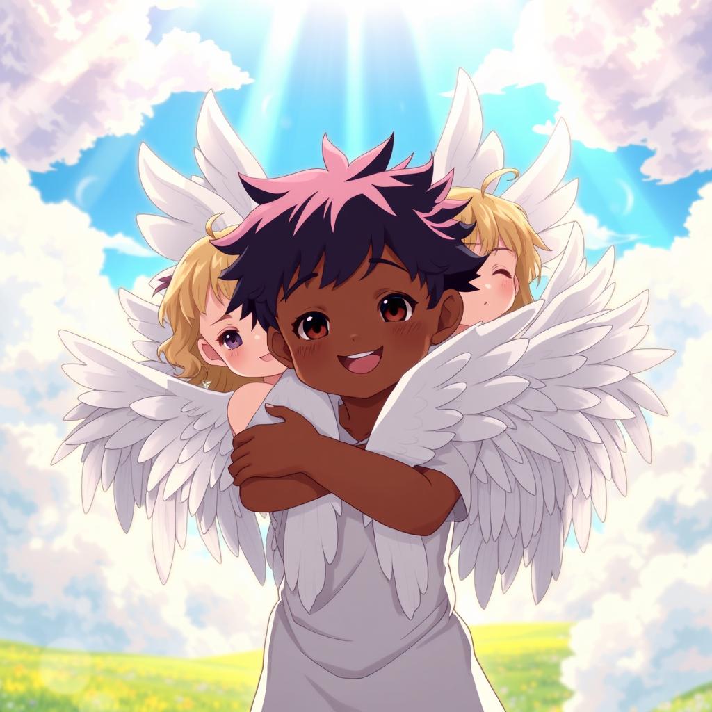 An anime scene featuring a charming angelic boy with dark skin, embracing a group of ten angelic girls, all adorned with beautiful white wings