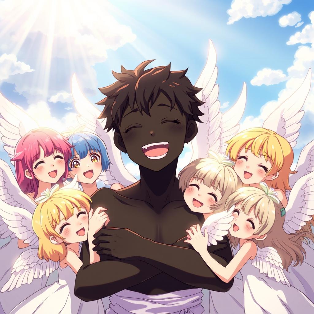 An anime scene featuring a handsome angel boy with smooth black skin, surrounded in a warm embrace by ten angel girls