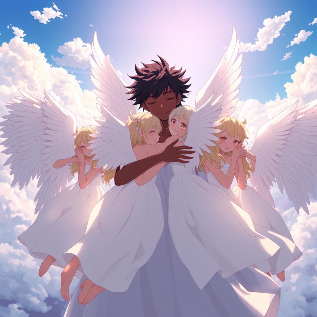 An anime scene featuring a strikingly handsome angel boy with dark skin, embracing ten angel girls with exquisite white wings