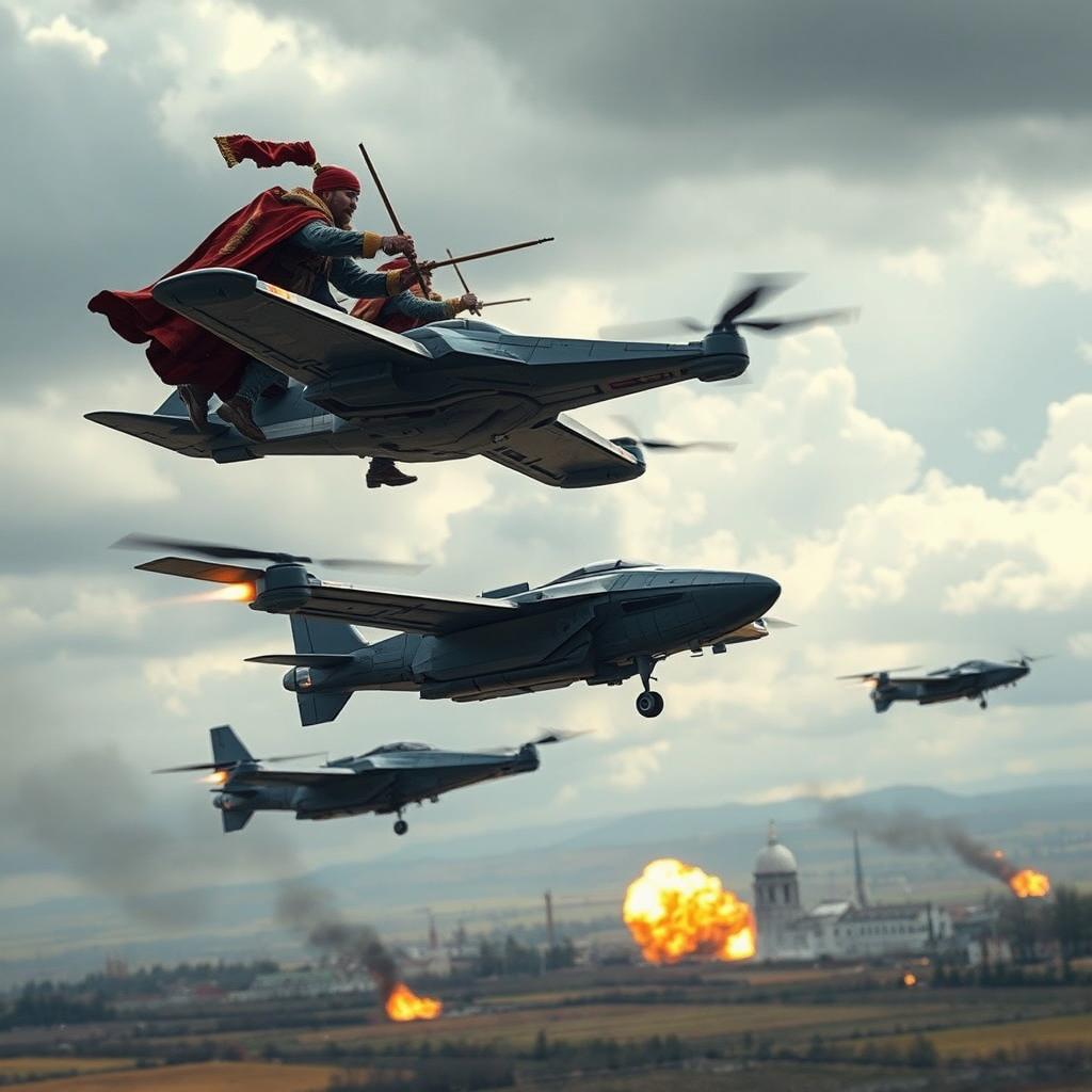 Cossacks flying on futuristic drones, engaged in a dramatic aerial mission to bomb non-Bolsheviks
