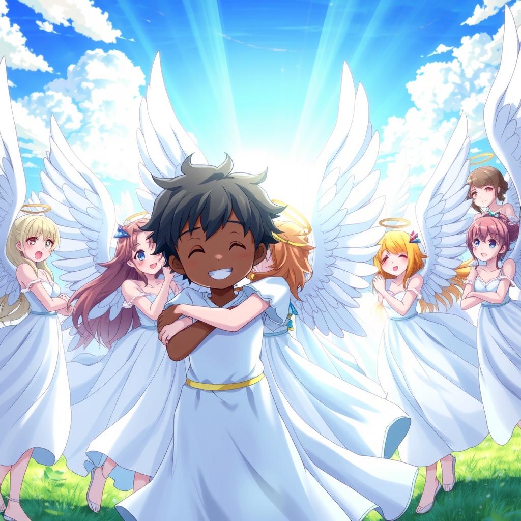 An anime scene featuring a charming angel boy with black skin, smiling warmly as he embraces ten angel girls, each adorned with magnificent white wings