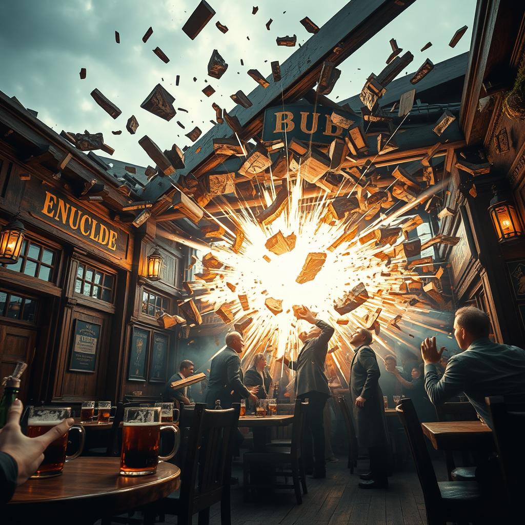 A dramatic scene depicting a pub bursting apart, with wooden beams splintering and flying in multiple directions