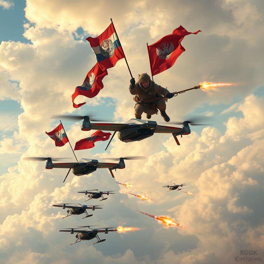 Cossacks soaring through the sky on drones, skillfully maneuvering as they carry colorful banners of the RDK (Russian Volunteer Corps)