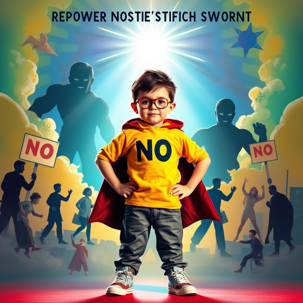 A heroic young boy standing confidently with a determined expression, representing the power of the word 'no'