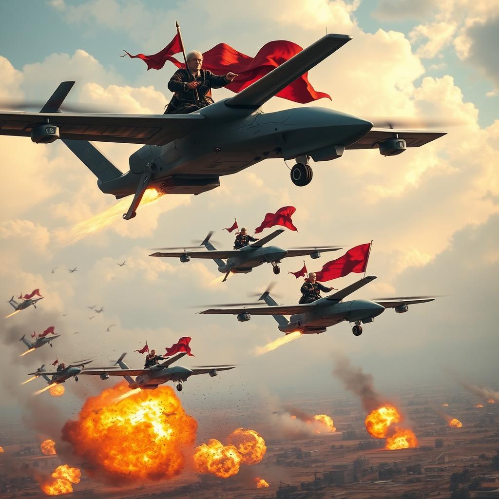 Cossacks flying on advanced drones, engaged in an aerial assault as they bomb military units marked with the letter 'Z'