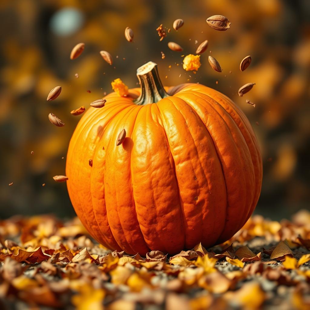 A dramatic scene of a pumpkin bursting into pieces, with fragments flying in different directions