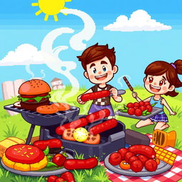 A vibrant and detailed pixel art scene featuring a delicious barbecue