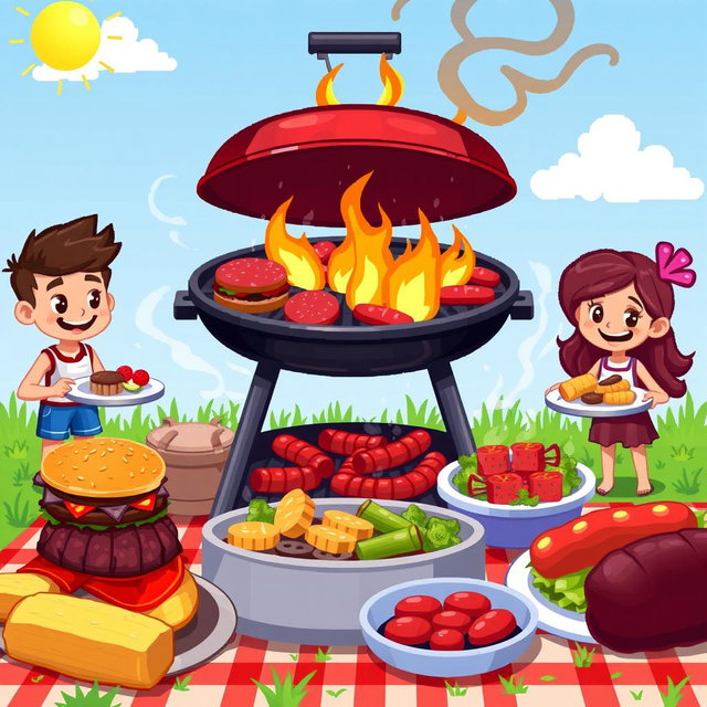 A vibrant and detailed pixel art scene featuring a delicious barbecue