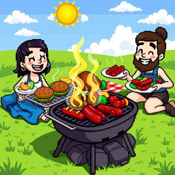A vibrant and detailed pixel art scene featuring a delicious barbecue