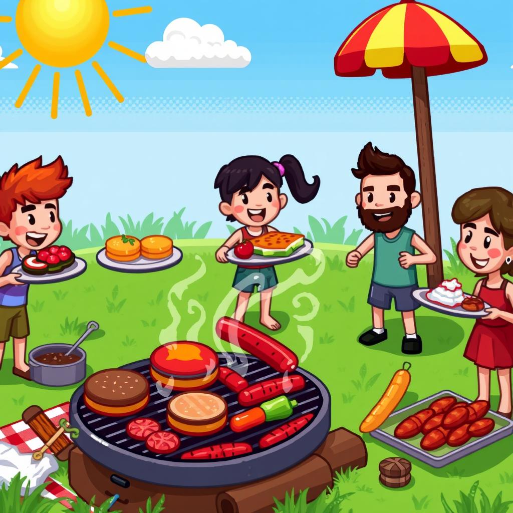 A vibrant and detailed pixel art scene featuring a delicious barbecue