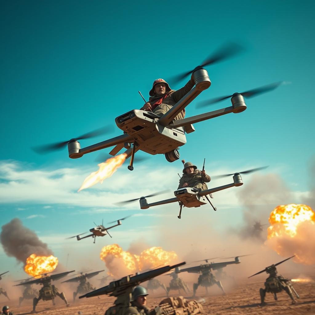 Cossacks flying on advanced drones, engaged in an aerial bombardment targeting military units below