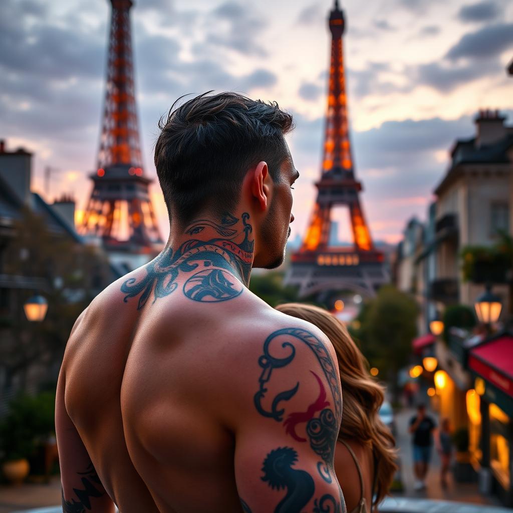 A handsome, tall tattooed man with a striking Medusa tattoo on his neck, seen from behind, is looking at a shorter woman with long brown hair