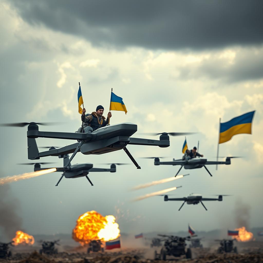Cossacks flying on advanced drones, proudly displaying Ukrainian flags as they engage in an aerial bombardment against military units marked with Russian flags below