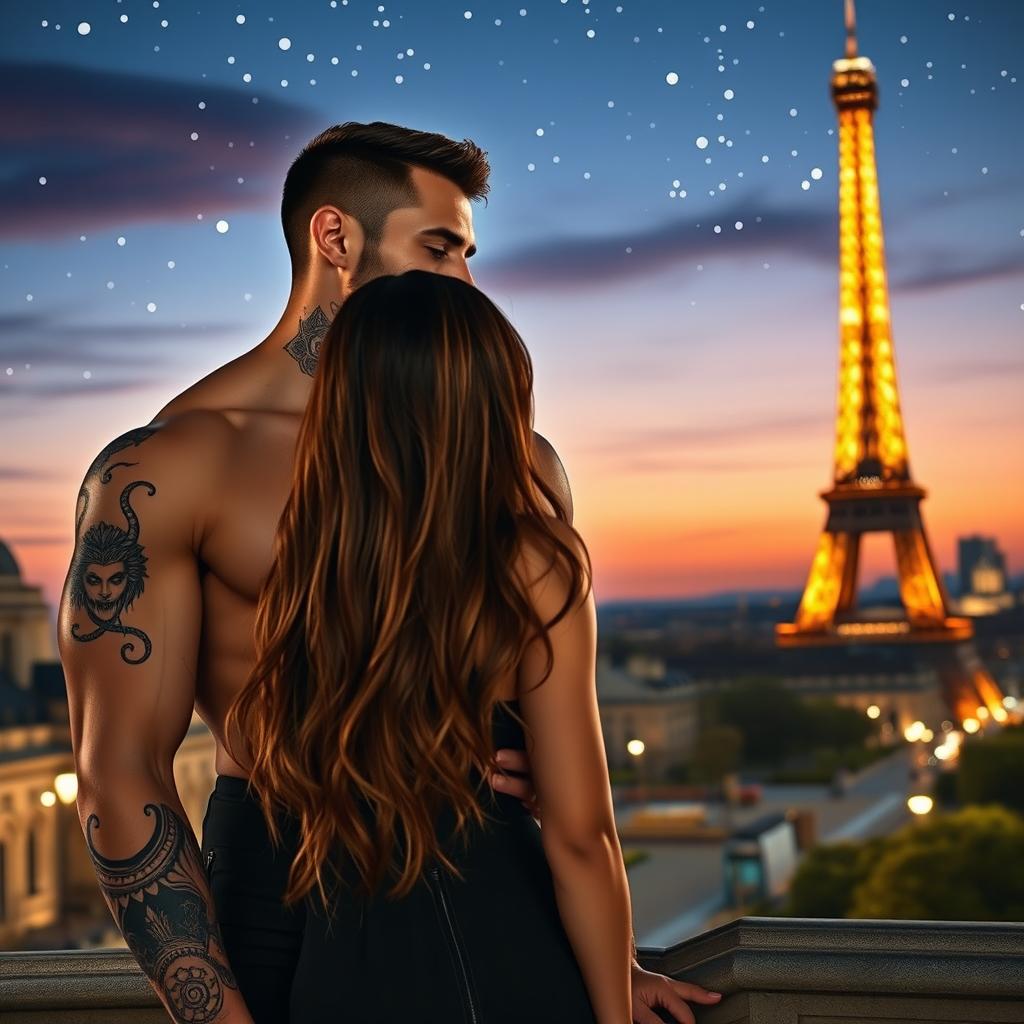 A tall, handsome man with an impressive muscular build, featuring a striking Medusa tattoo on his neck, gazing affectionately at a shorter woman with long, flowing brown hair