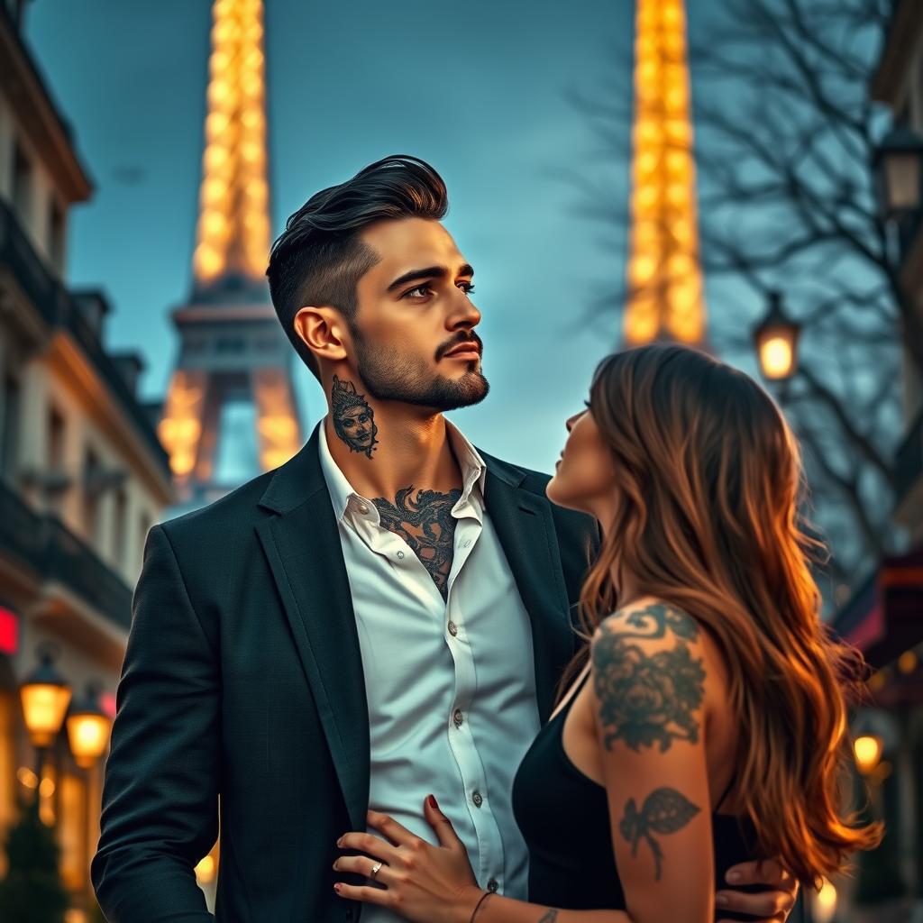 A tall, handsome man with tattoos, featuring a prominent Medusa tattoo on his neck, gazing thoughtfully at a shorter woman with long, flowing brown hair