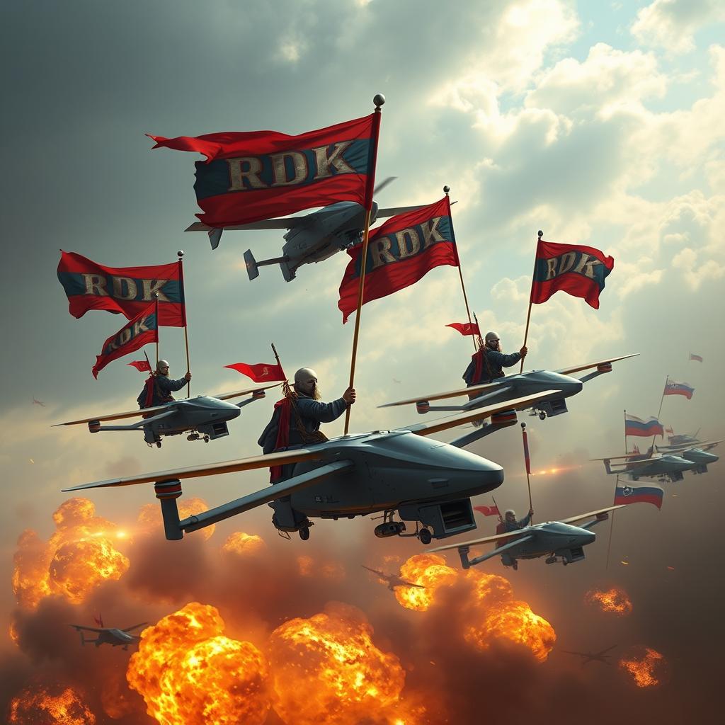 Cossacks carrying RDK flags flying on advanced drones, engaged in an aerial bombardment targeting military units marked with Russian flags and the letter 'Z'