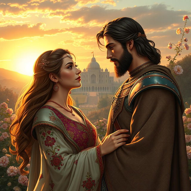 A romantic and dramatic scene depicting Bijan and Manijeh from Ferdowsi's Shahnameh