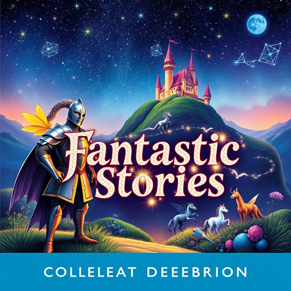A captivating book cover for a collection titled 'Fantastic Stories', featuring a whimsical and enchanting landscape filled with vibrant colors
