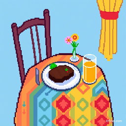 An 8x8 pixel art representation of a mesa (table) set for a meal, featuring a colorful tablecloth, a plate with a delicious meal, including a juicy steak and fresh vegetables, a glass of wine or juice, and a small vase with flowers for decoration