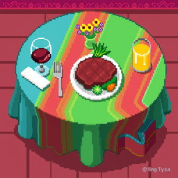 An 8x8 pixel art representation of a mesa (table) set for a meal, featuring a colorful tablecloth, a plate with a delicious meal, including a juicy steak and fresh vegetables, a glass of wine or juice, and a small vase with flowers for decoration