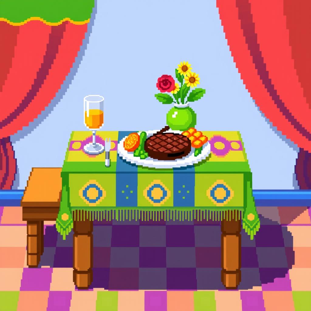 An 8x8 pixel art representation of a mesa (table) set for a meal, featuring a colorful tablecloth, a plate with a delicious meal, including a juicy steak and fresh vegetables, a glass of wine or juice, and a small vase with flowers for decoration