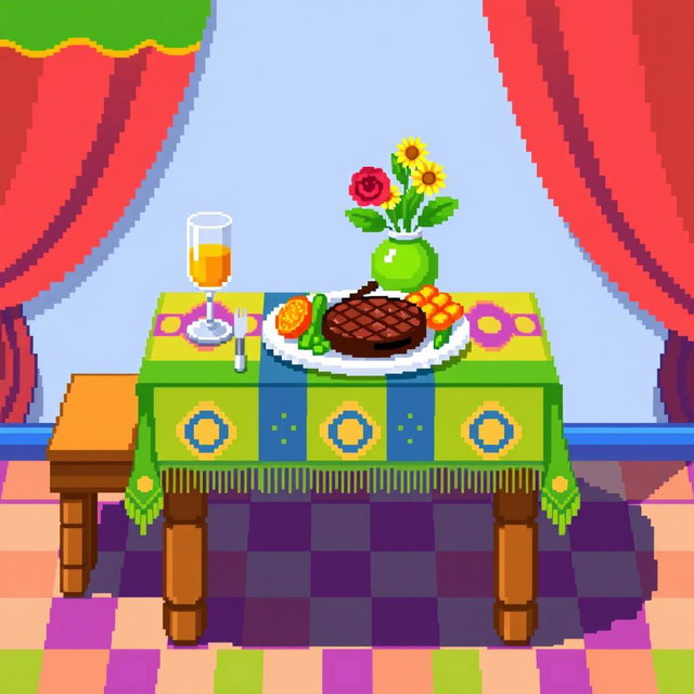An 8x8 pixel art representation of a mesa (table) set for a meal, featuring a colorful tablecloth, a plate with a delicious meal, including a juicy steak and fresh vegetables, a glass of wine or juice, and a small vase with flowers for decoration