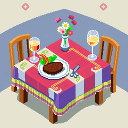 An 8x8 pixel art representation of a mesa (table) set for a meal, featuring a colorful tablecloth, a plate with a delicious meal, including a juicy steak and fresh vegetables, a glass of wine or juice, and a small vase with flowers for decoration