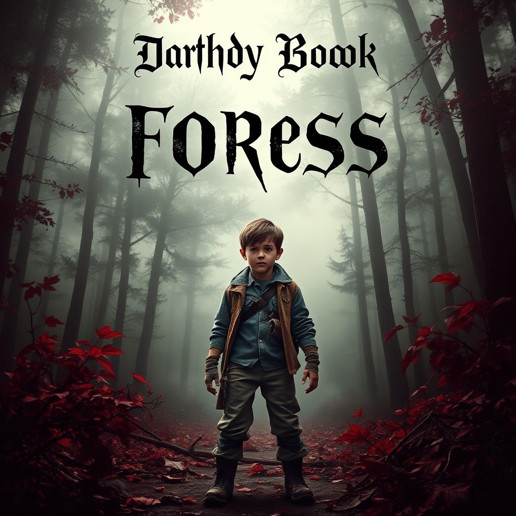 A dramatic book cover featuring a mysterious, bloody forest setting