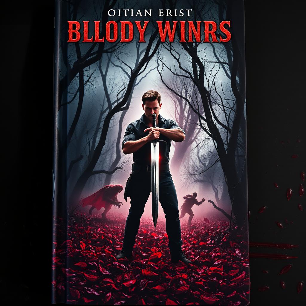 A striking book cover featuring a dark and foreboding bloody forest scene