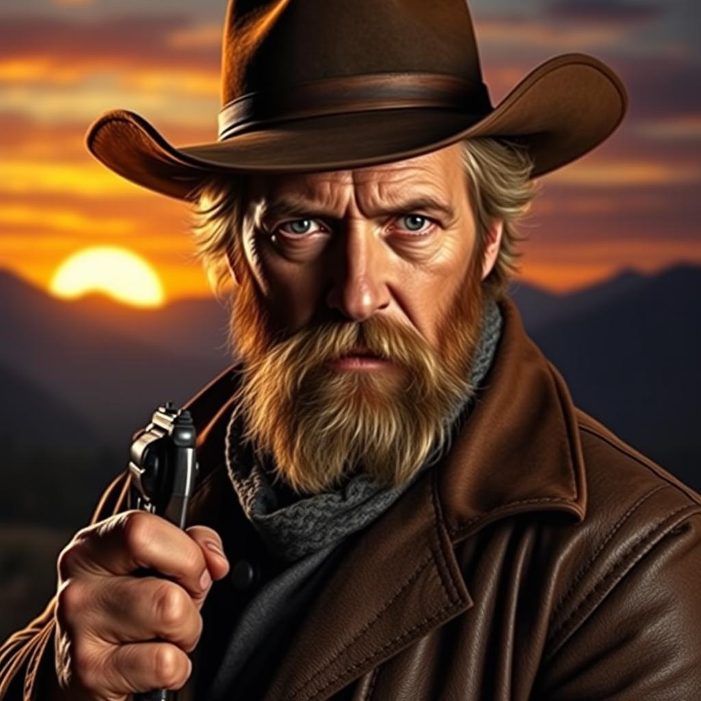 An artistic portrait of Arthur Morgan, a rugged outlaw from the late 1800s, featuring his signature hat, scruffy beard, and intense gaze
