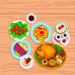 An 8x8 pixel art representation of a beautifully arranged mesa of food featuring various colorful dishes