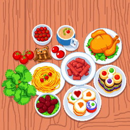 An 8x8 pixel art representation of a beautifully arranged mesa of food featuring various colorful dishes