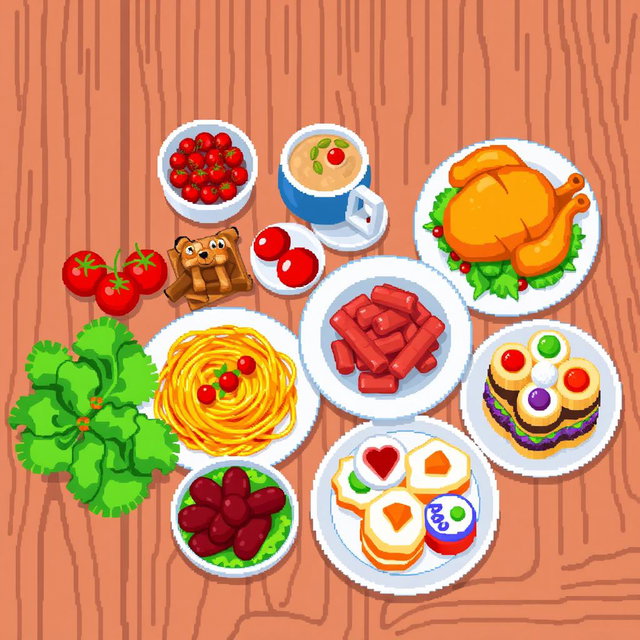 An 8x8 pixel art representation of a beautifully arranged mesa of food featuring various colorful dishes
