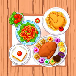 An 8x8 pixel art representation of a beautifully arranged mesa of food featuring various colorful dishes