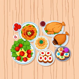 An 8x8 pixel art representation of a beautifully arranged mesa of food featuring various colorful dishes