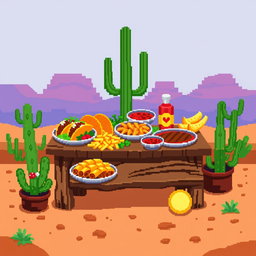An 8x8 pixel art depiction of a vibrant mesa food scene