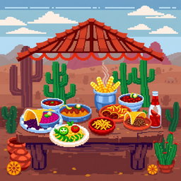 An 8x8 pixel art depiction of a vibrant mesa food scene