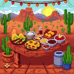 An 8x8 pixel art depiction of a vibrant mesa food scene