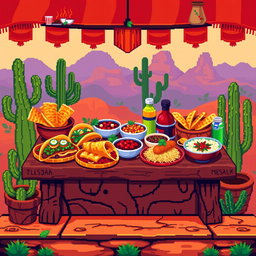 An 8x8 pixel art depiction of a vibrant mesa food scene